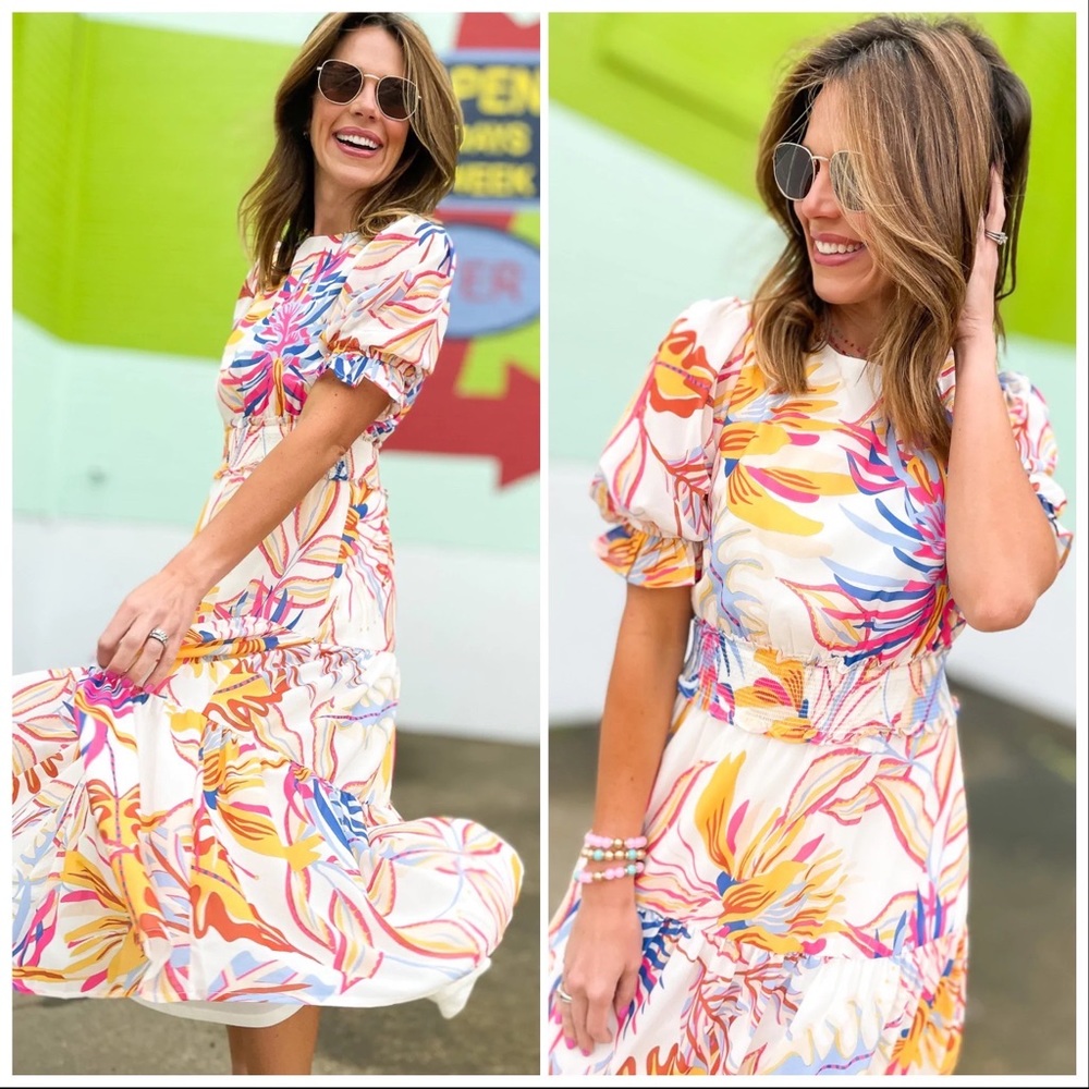 🆕 /PARADISE FOUND/ Tropical  Smocked Waist Tiered MIDI Dress